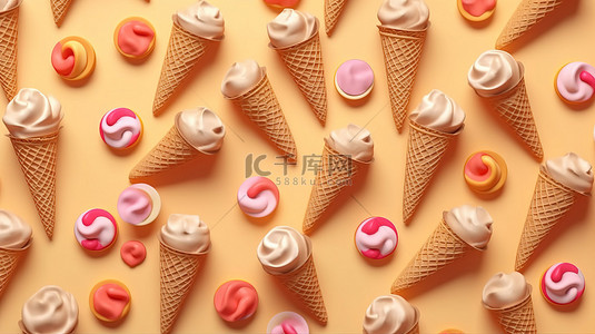 华夫格风格背景图片_1 引人注目的设计时尚夏季背景纹理与浅棕色无缝图案冰淇淋