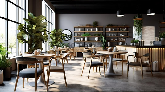咖啡馆多功能工作和餐饮空间的 3D 渲染