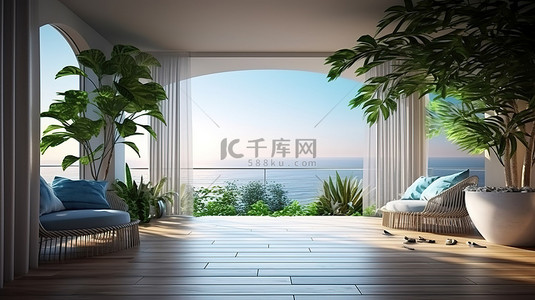 酒店房背景图片_舒适宁静的自然室内空间和俯瞰大海的露台的 3D 渲染