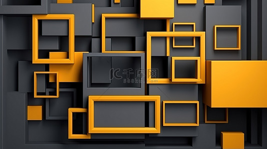 深灰色各种尺寸相框的简约拼贴，带有流行的黄色 3D 渲染