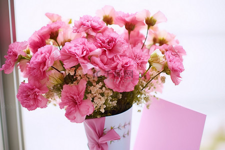 一束粉红色的花束，附有感谢信