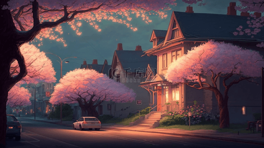 春天暖背景图片_樱花树和房子