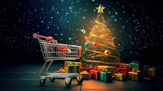 商业节日背景背景图片_商业图表背景与圣诞树和购物车的 3D 渲染