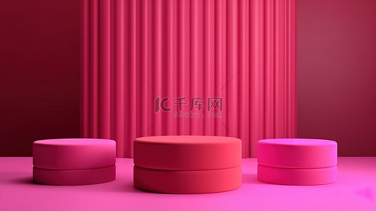 封面背景图片_奢华的 3D 霓虹粉红色产品展示在简约的圆柱讲台上，带有纹理的波浪摄影背景