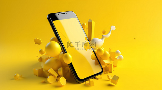社交媒体通信 3D 智能手机，在充满活力的黄色背景插图上带有语音气泡