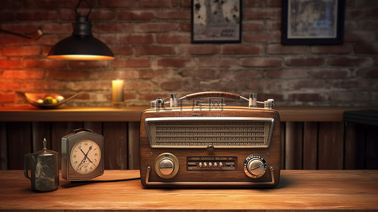 复古设置木桌装饰着老式照片复古收音机和古董麦克风 3D 渲染