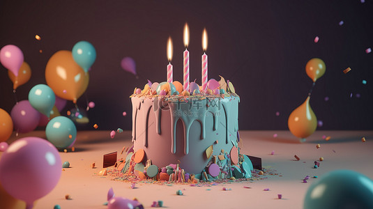 柔和主题的生日派对横幅 3d 渲染蛋糕与点燃的蜡烛和五彩纸屑弹出派对波普尔