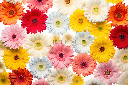 白色花背景图片_白色花朵拼贴中的多彩多姿的非洲菊雏菊