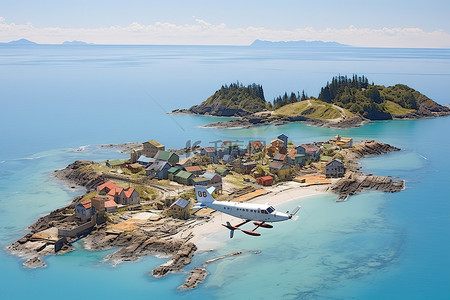 一架飞机飞越清澈的水面上的城镇和岛屿