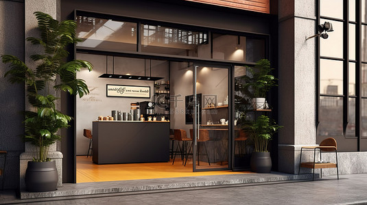 1 带有横幅和菜单样机的咖啡店入口建筑设计 3D 插图