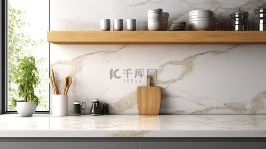 展示3背景图片_现代厨房台面设计与烤箱炉灶和自然背景的 3D 插图