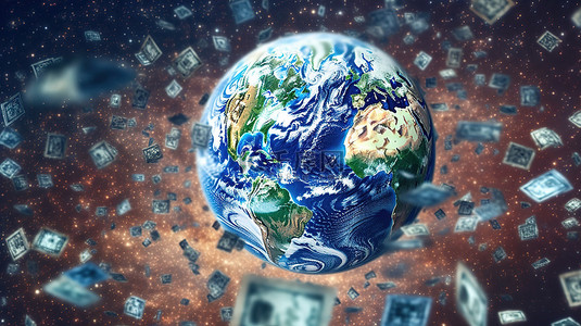 地球背景图片_全球经济钞票支持地球作为世界商业和亚洲主导地位的象征美国宇航局 3D 渲染