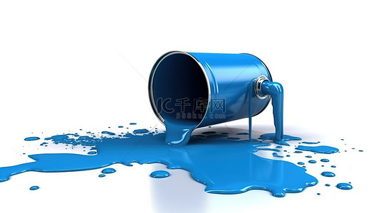 白色背景，房屋轮廓 3D 渲染，蓝色油漆从油漆滚筒附近的罐子中倾泻而出