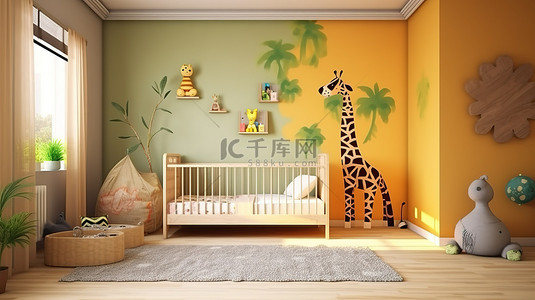 儿童卧室托儿所或家庭室内的 3D 渲染