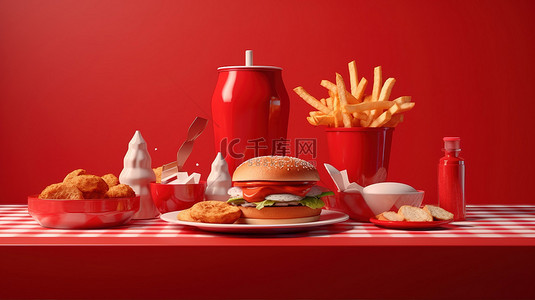 美式汉堡背景图片_经典美式早餐的 2d 插图，在充满活力的红色背景上配有汉堡和薯条