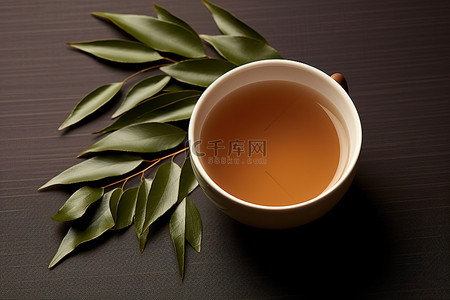 茶叶子背景图片_一杯周围有叶子的茶