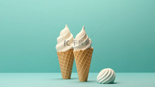 冰淇淋美食背景图片_绿松石背景 3D 渲染牛奶冰淇淋与甜威化锥简约概念