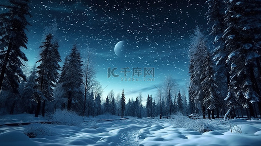 下雪背景图片_冬季仙境发光的夜空和雪景