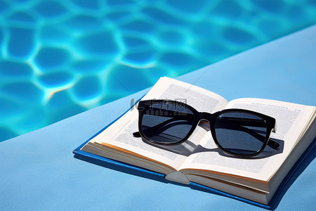 旅行背景图片_太阳镜搁在水中海滩上的书上