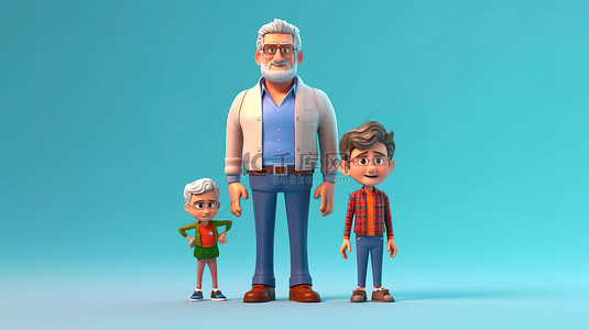 三代人在一起的祖父儿子和孙子的 3d 插图
