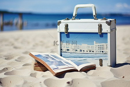 杂志背景图片_老式手提箱和房子照片在海滩上
