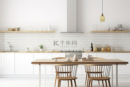 铺有白色瓷砖的厨房，配有木岛和椅子