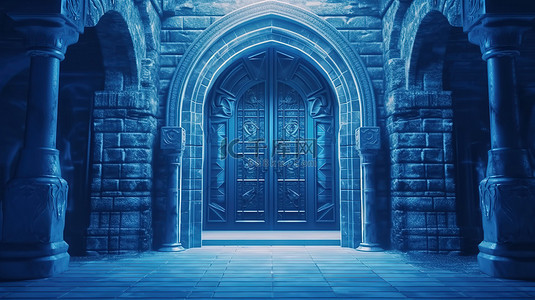 城堡背景墙背景图片_带蓝色中世纪拱门的封闭城堡大门的双色调 3D 渲染