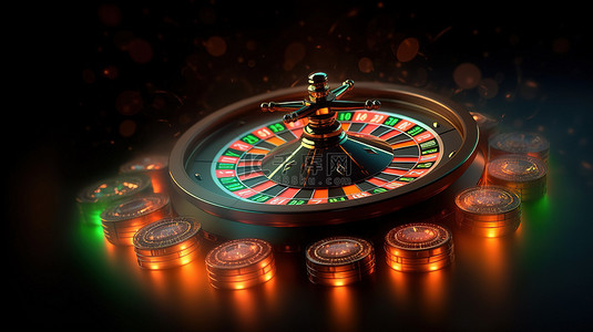 霓虹网红打卡背景图片_充满活力的 3D 轮盘赌轮，带有霓虹橙色和绿色灯光，黑色背景上装饰着飞行的金币