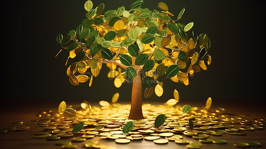 商业设计描绘了 3D 渲染的金钱树投资与落下的硬币