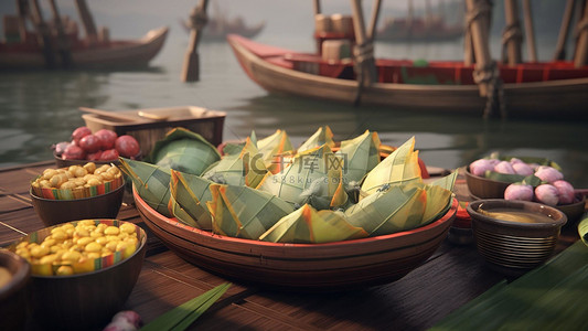 传统美食插画粽子背景图片_端午节船上粽子美食