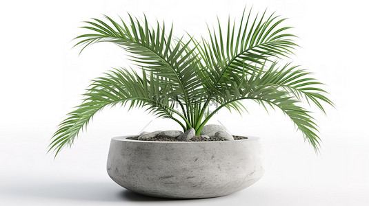 在 3D 插图中描绘并在白色背景上隔离的混凝土盆栽棕榈