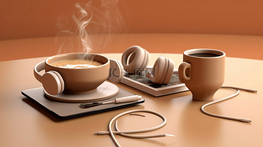 笔记本电脑手机耳机和一杯咖啡的 3D 渲染