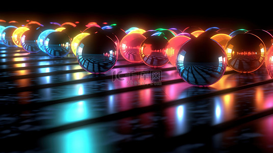 3D 渲染中光滑的黑色地板上有反射的各种彩色 LED 球