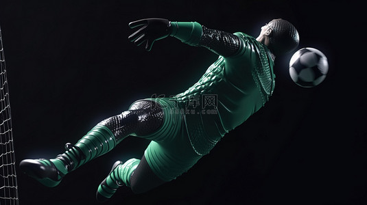 3D 渲染中的守门员角色跳跃将足球击入网内