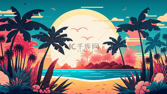 卡通夏日沙滩背景图片_夏日海滩椰子树插画背景