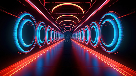 地板背景图片_3D 渲染的霓虹灯隧道，红色和蓝色圆圈反射在地板上
