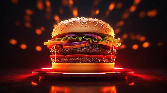 芝士背景图片_3D 渲染的霓虹灯标志，带有美味的汉堡