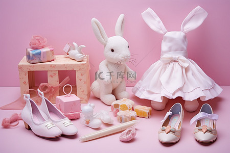 鞋背景图片_女孩娃娃礼品套装，配有兔子鞋和更多配饰