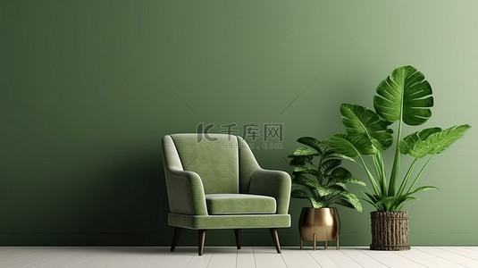 带绿色椅子和植物的空墙的 3D 渲染