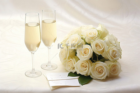 两个香槟杯和两朵白玫瑰坐在桌布上