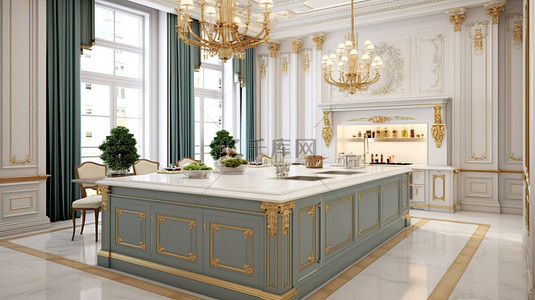 厨房一角背景图片_华丽的经典厨房与豪华岛 3D 渲染