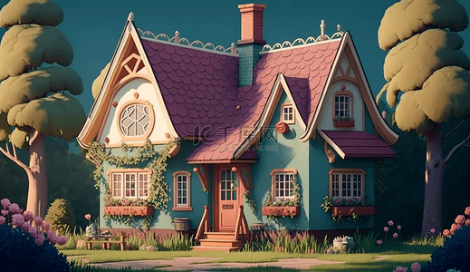 树花园欧式房屋装饰图案卡通房子背景