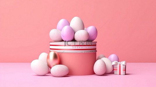 创意复活节彩蛋背景图片_粉色背景，带有复活节彩蛋和礼品盒的 3D 渲染