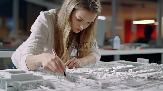 白种人女建筑师在 3D 打印建筑模型旁边审查蓝图