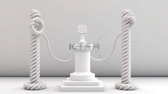 新闻板背景图片_白色讲台论坛，配有麦克风和障碍绳，围绕贸易展摊位 3D 渲染在白色背景上