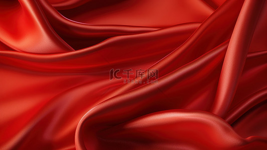 红色丝织物的 3D 渲染，带有波纹的详细视图