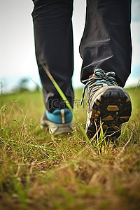 旅行登山背景图片_一个人穿着一双登山鞋在草地上徒步旅行