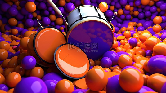橙色音乐背景背景图片_充满活力的紫色背景，带有 3D 渲染的橙色鼓和彩色球