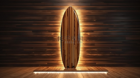由棕色木材制成的冲浪板的 3D 渲染
