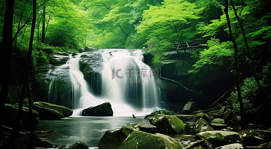 林中背景图片_郁郁葱葱的绿色森林中的优雅瀑布